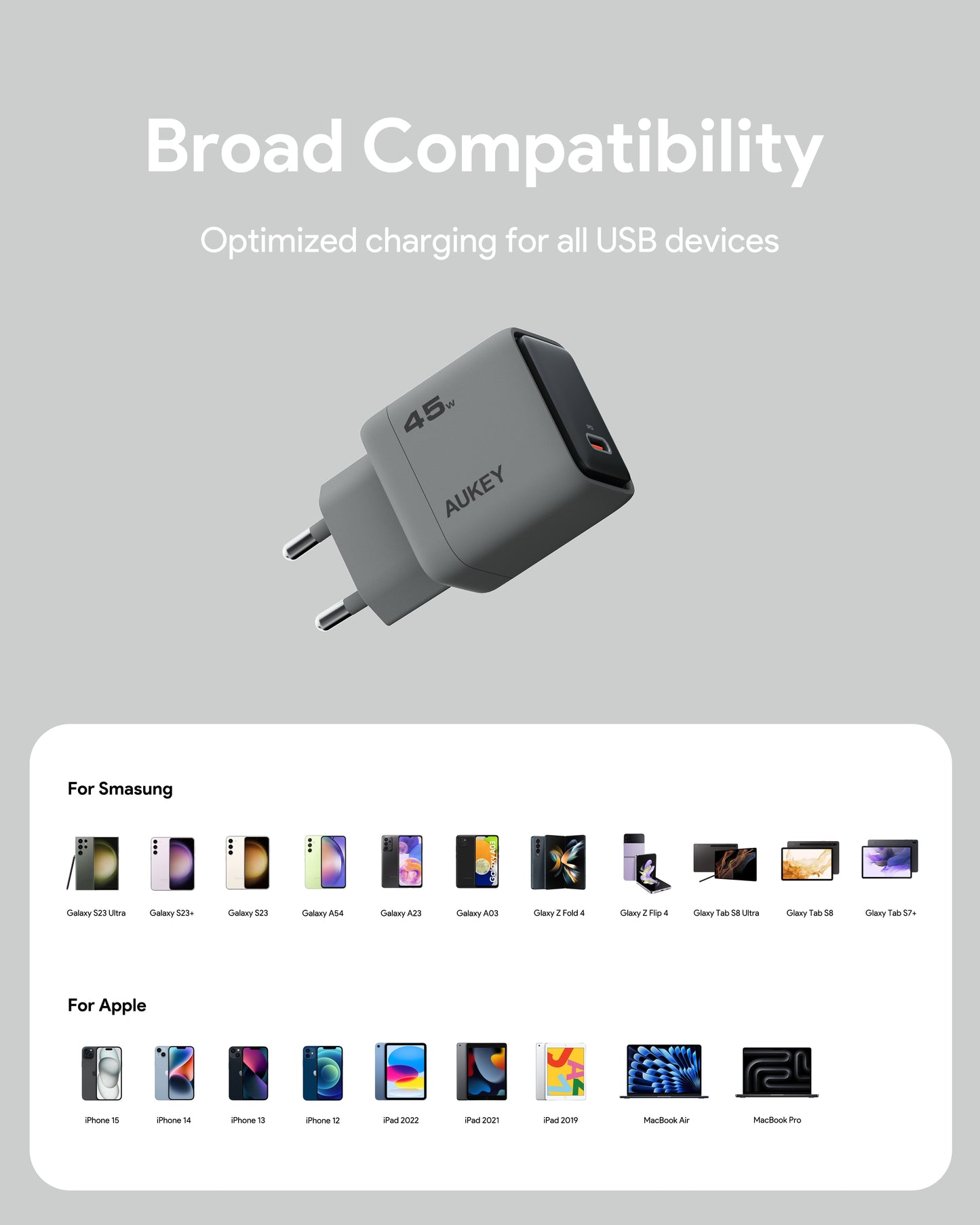 AUKEY Charger Type C 45W GAN III PD 3.0 PPS Super Fast Charging Comet 45W Series PA-C2