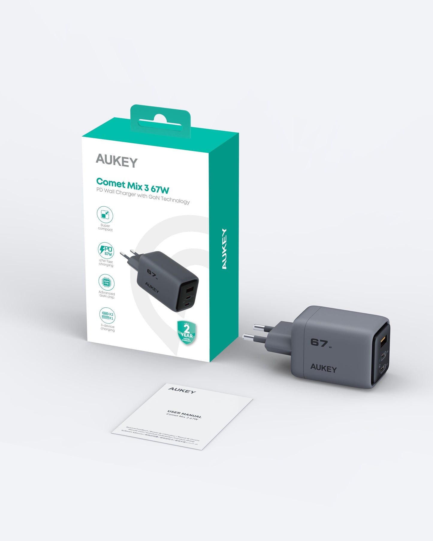 AUKEY Charger Type C 67W GAN III PD 3.0 PPS Super Fast Charging Comet Mix 3 67W Series PA-C3