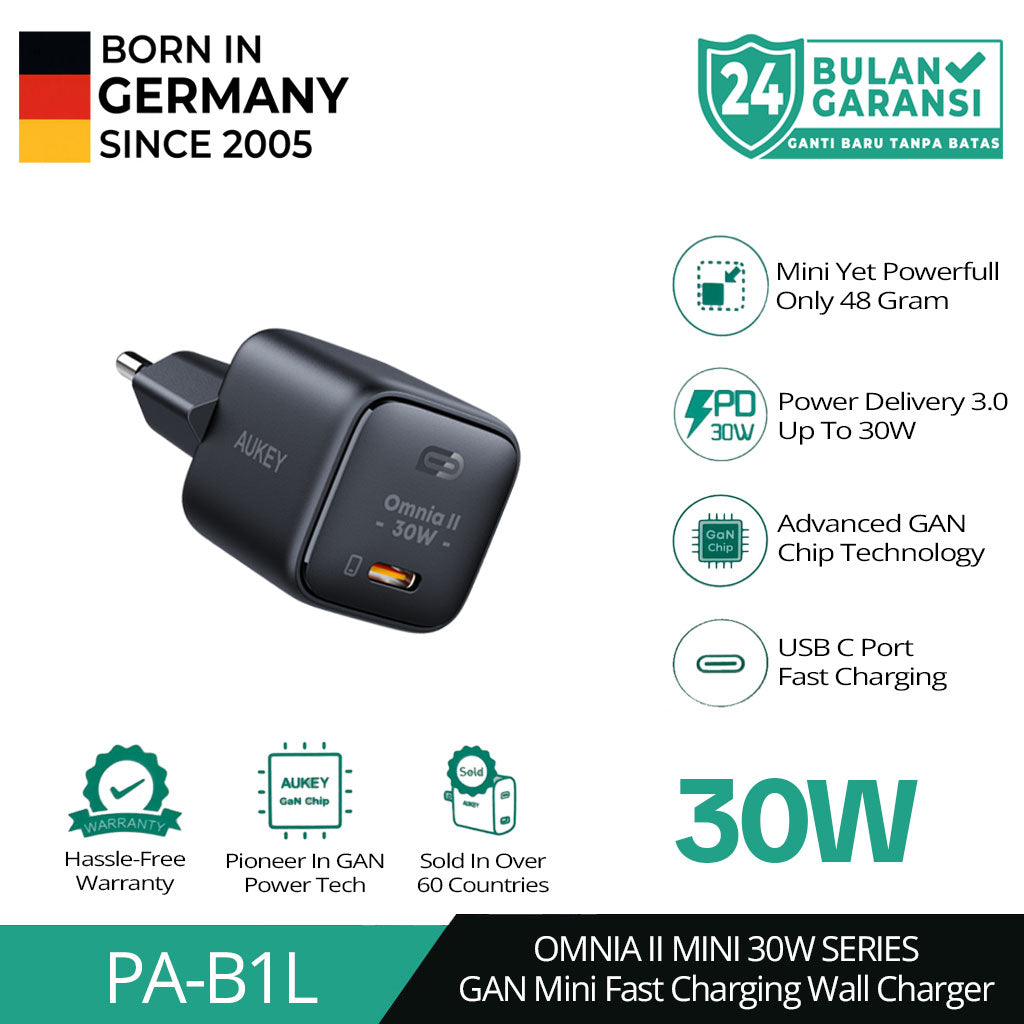 Pengisi Daya AUKEY Tipe C 30W PA-B1L-BK GAN PD 3.0 PPS Pengisian Cepat