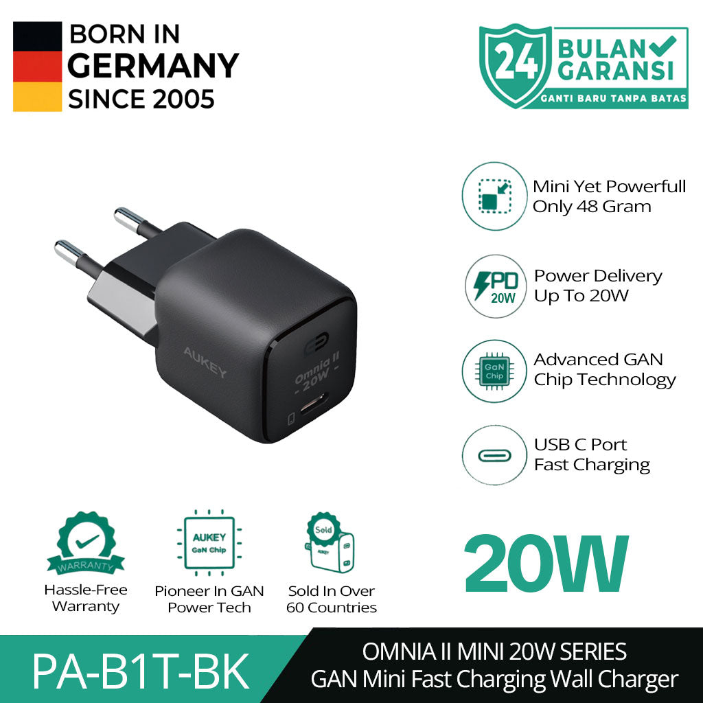 Aukey Charger Type C 20W GAN PD 3.0 Fast Charging Black & White PA-B1T