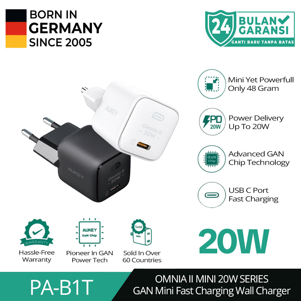 Aukey Charger Type C 20W GAN PD 3.0 Fast Charging Black & White PA-B1T