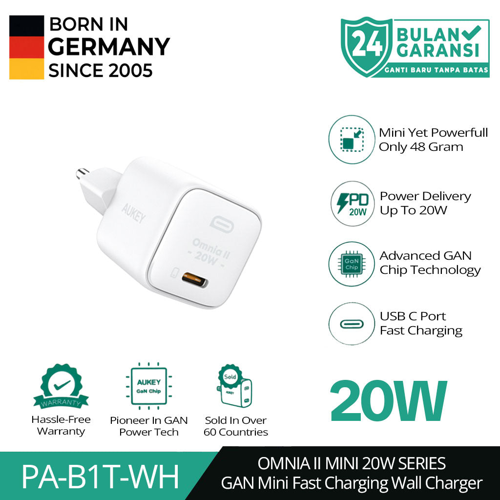 Aukey Charger Type C 20W GAN PD 3.0 Fast Charging Black & White PA-B1T