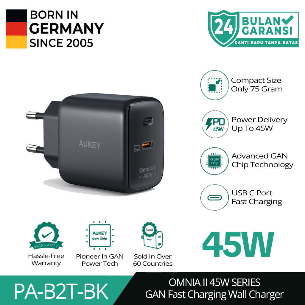 Pengisi Daya AUKEY Tipe C 45W PA-B2T-BK GAN PD 3.0 PPS Pengisian Cepat