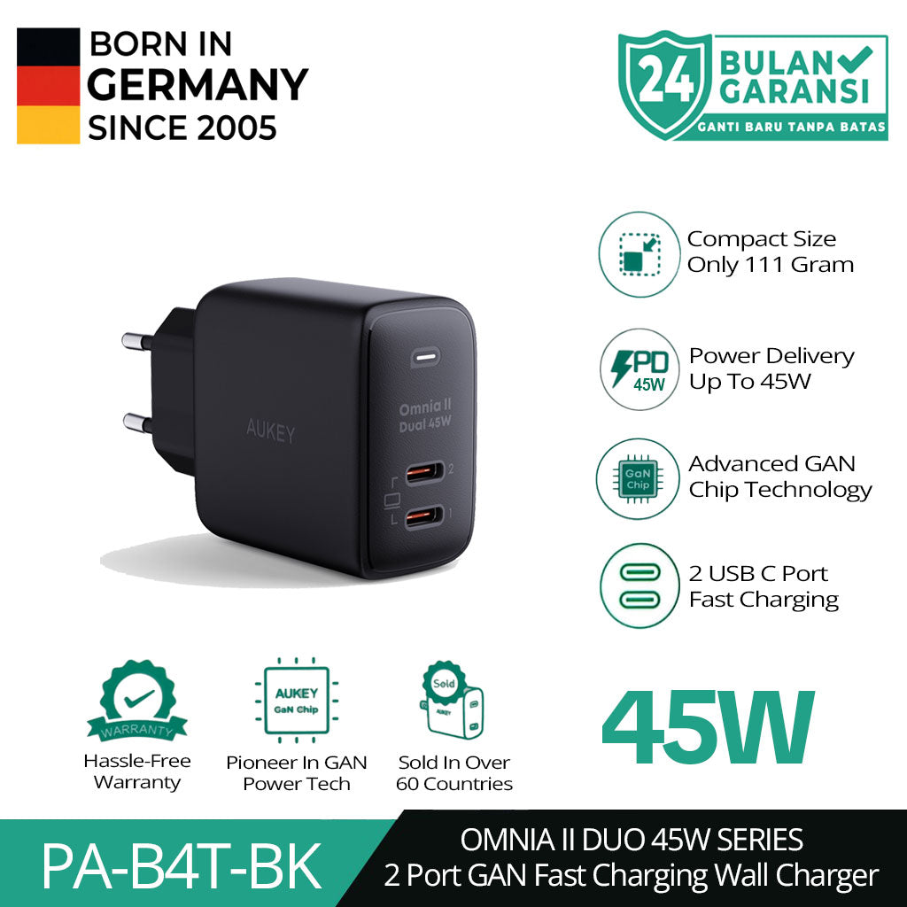 Pengisi Daya AUKEY Port Ganda Tipe C 45W PA-B4T-BK GAN PD 3.0 Pengisian Cepat