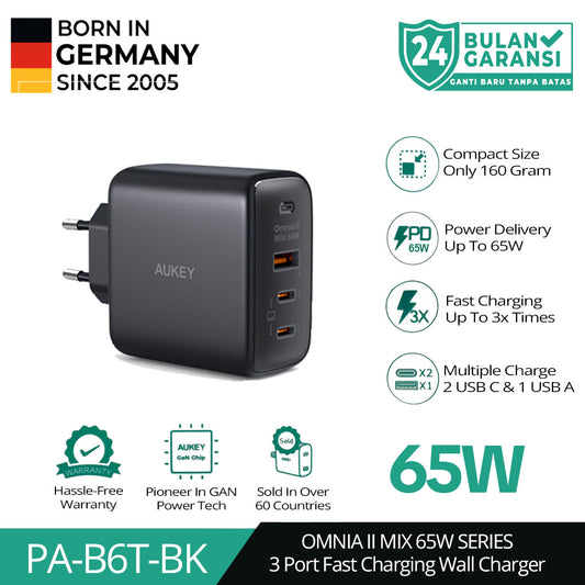AUKEY Charger Multi Port Type C65W GAN PD 3.0 Fast Charging PA-B6T