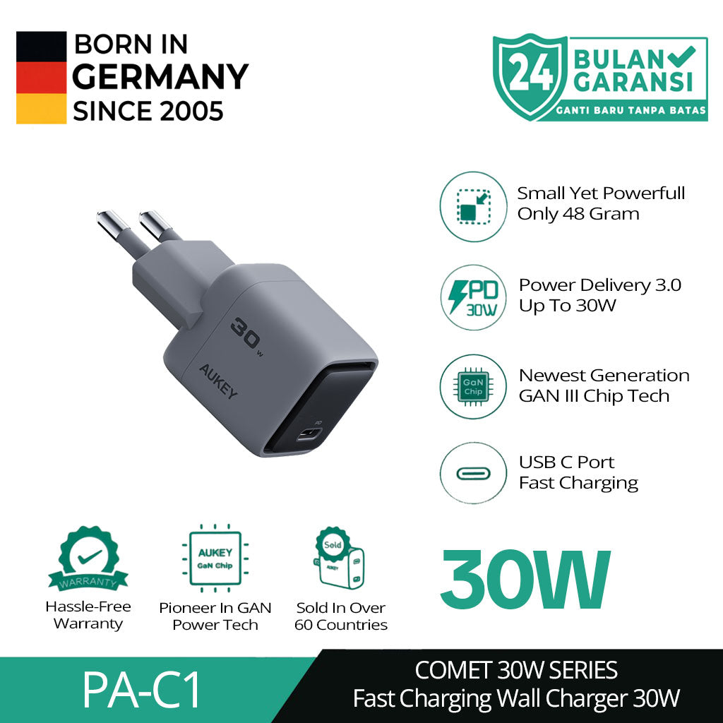 AUKEY Charger Type C 30W GAN III PD 3.0 PPS Super Fast Charging Comet 30W Series PA-C1