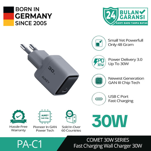 AUKEY Charger Type C 30W GAN III PD 3.0 PPS Super Fast Charging Comet 30W Series PA-C1