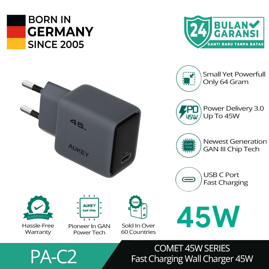 AUKEY Charger Type C 45W GAN III PD 3.0 PPS Super Fast Charging Comet 45W Series PA-C2