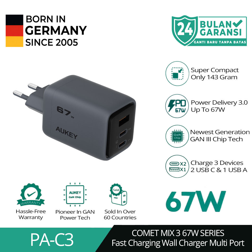 AUKEY Charger Type C 67W GAN III PD 3.0 PPS Super Fast Charging Comet Mix 3 67W Series PA-C3