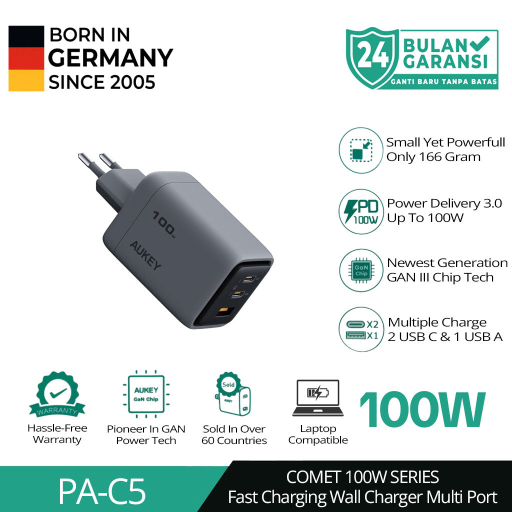 AUKEY Charger Type C 100W GAN III PD 3.0 PPS Super Fast Charging Comet Mix 3 100W Series PA-C5