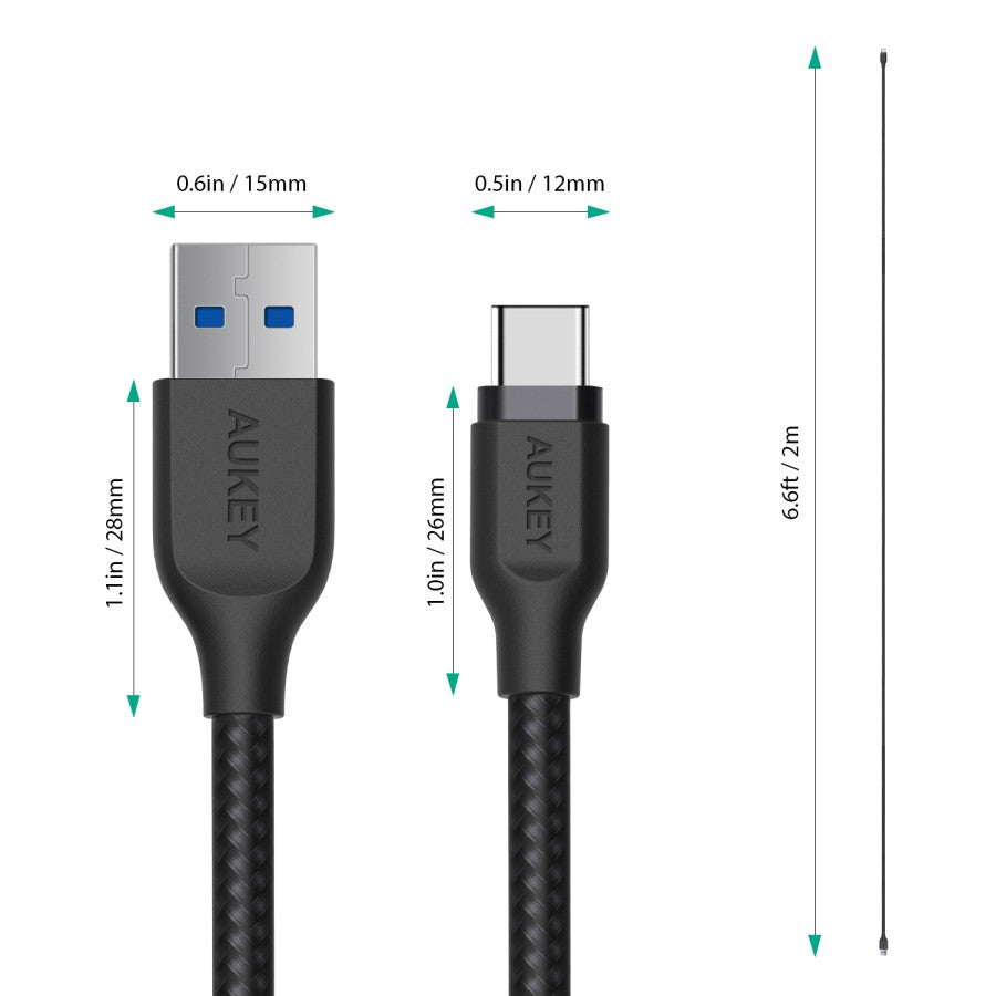 Kabel Charger AUKEY Tipe C CB-AC2 Jalinan Nilon USB A ke USB-C 2M