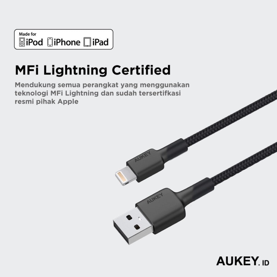 AUKEY Kabel Charger USB-A ke Lightning MFI 1 Meter Jalinan Nilon CB-BAL7 - Putih