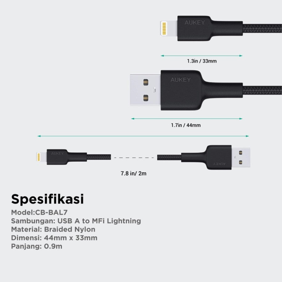 AUKEY Kabel Charger USB-A ke Lightning MFI 1 Meter Jalinan Nilon CB-BAL7 - Putih