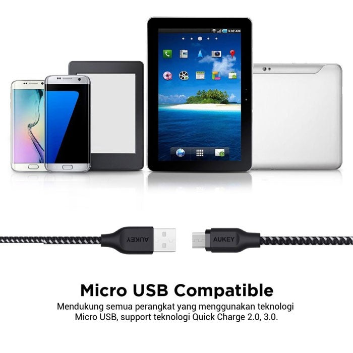 Kabel Charger AUKEY USB A Ke Micro Braided Nylon CB-BAM Hitam 2.4A - 1.2 Meter