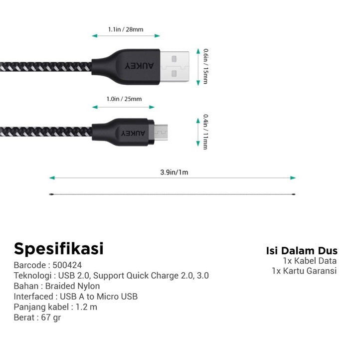 Kabel Charger AUKEY USB A Ke Micro Braided Nylon CB-BAM Hitam 2.4A - 1.2 Meter