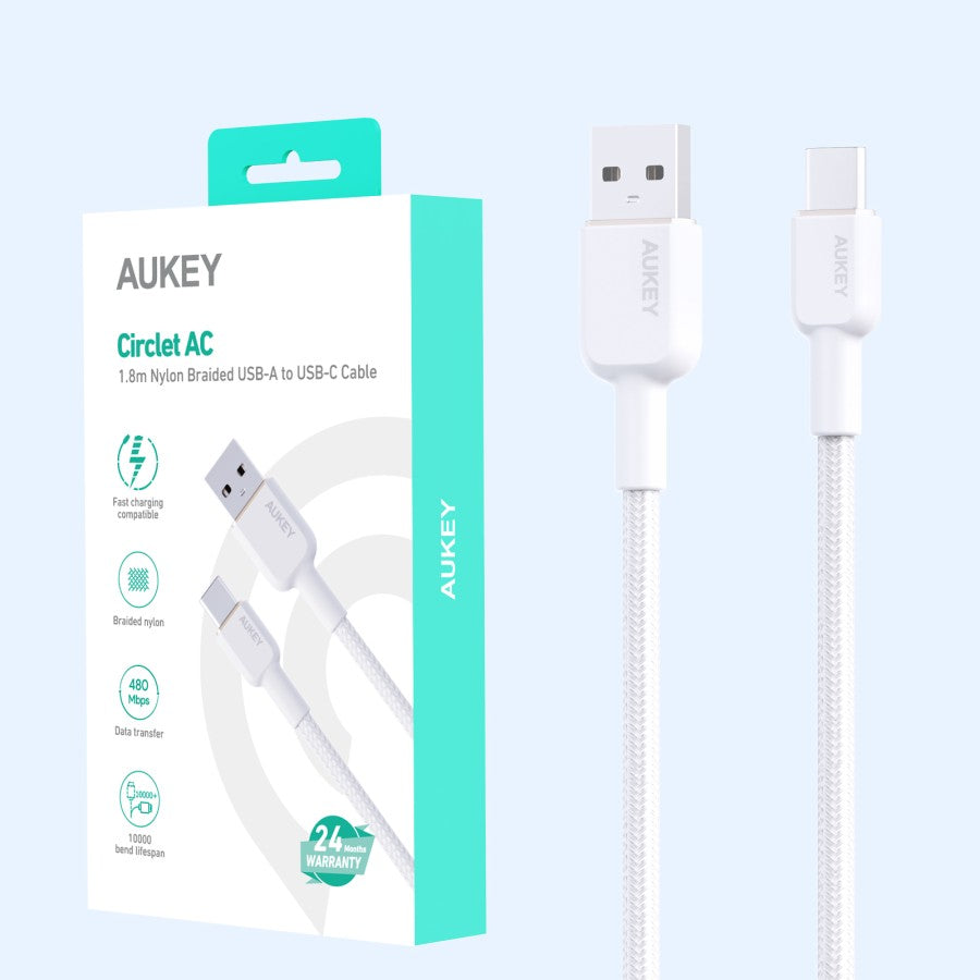 Kabel Charger AUKEY Type-C CB-NAC2 Jalinan Nilon USB-A ke USB-C 1,8M