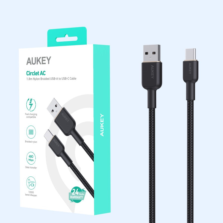 Kabel Charger AUKEY Type-C CB-NAC2 Jalinan Nilon USB-A ke USB-C 1,8M