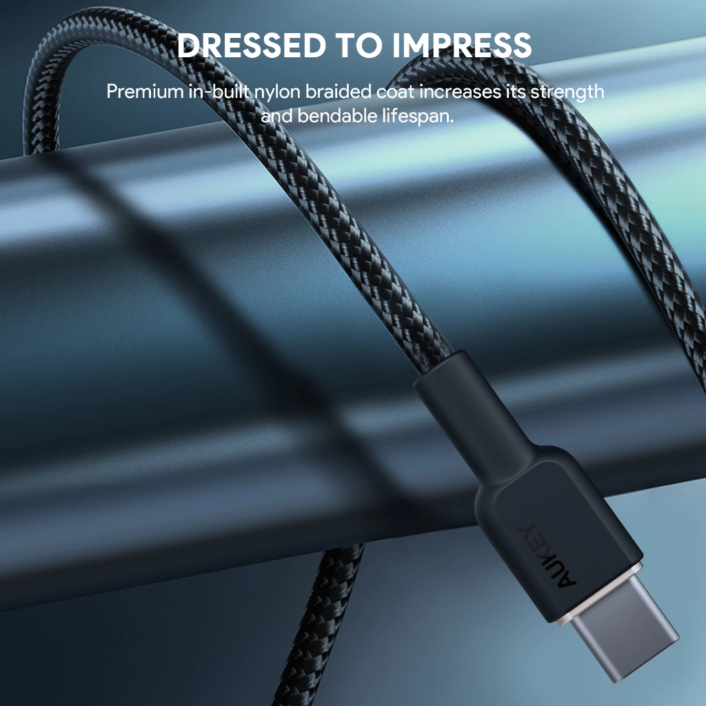 AUKEY Kabel Charger USB-C ke USB-C Pengisian Cepat 3A Hingga 60W Nilon Jalinan 1,8M CB-NCC2