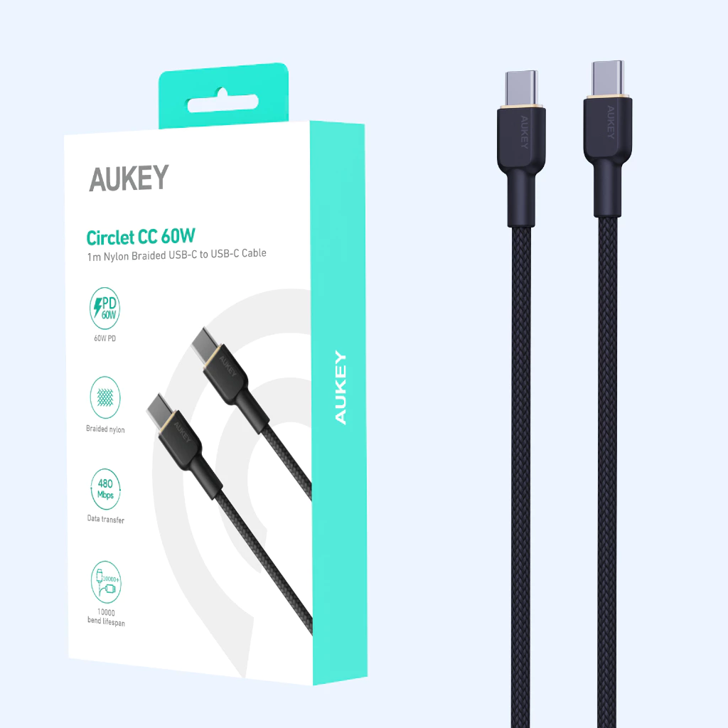 AUKEY Kabel Charger USB-C ke USB-C Pengisian Cepat 3A Hingga 60W Nilon Jalinan 1,8M CB-NCC2