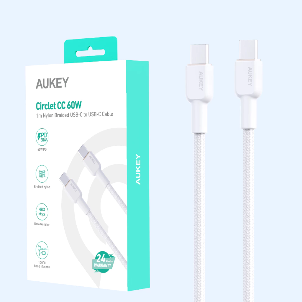 AUKEY Kabel Charger USB-C ke USB-C Pengisian Cepat 3A Hingga 60W Nilon Jalinan 1,8M CB-NCC2