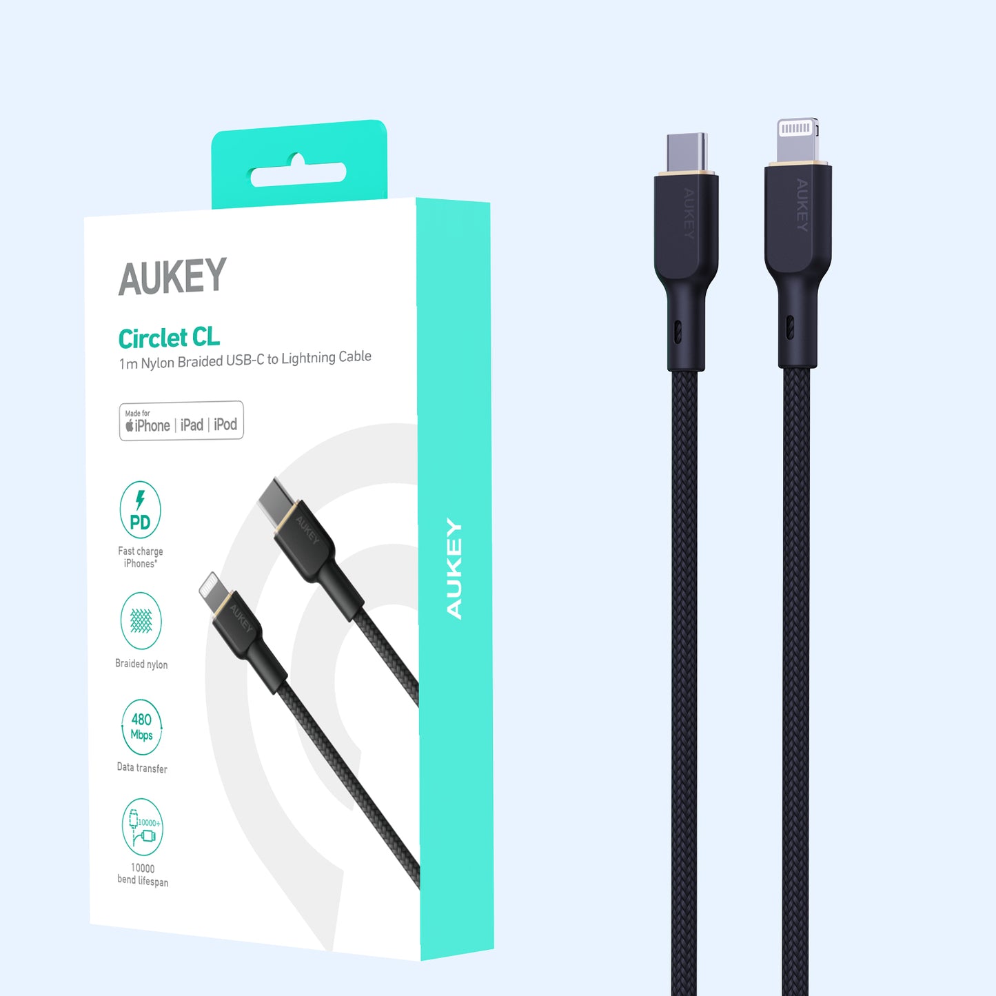 Kabel Charger AUKEY USB-C ke Lightning MFI CB-NCL2 Braided Nylon 1.8M