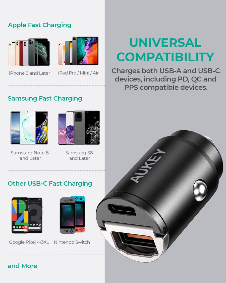 Pengisi Daya Mobil AUKEY 30W USB C & USB A PD 3.0 QC 3.0 Multi Port CC-A3