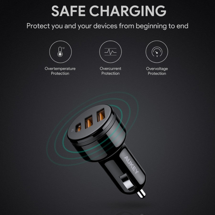 Pengisi Daya Mobil 3 Port AUKEY Seri Ekspedisi model CC-Y16-BK