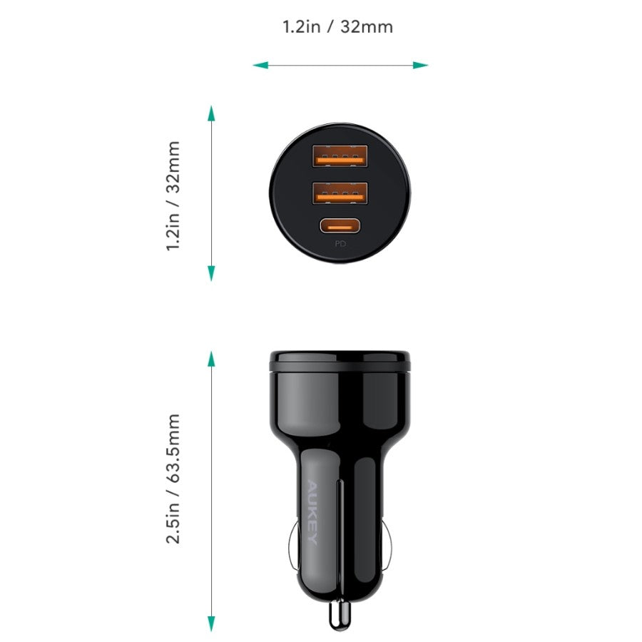 Pengisi Daya Mobil 3 Port AUKEY Seri Ekspedisi model CC-Y16-BK