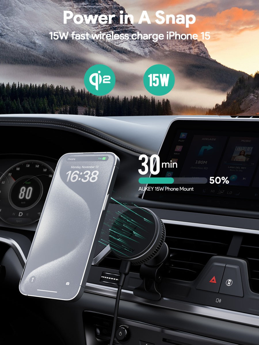 AUKEY Qi2 Magnetic Car Phone Mount Fast Wireless Charging 15W With Active Cooling HD-MC13A