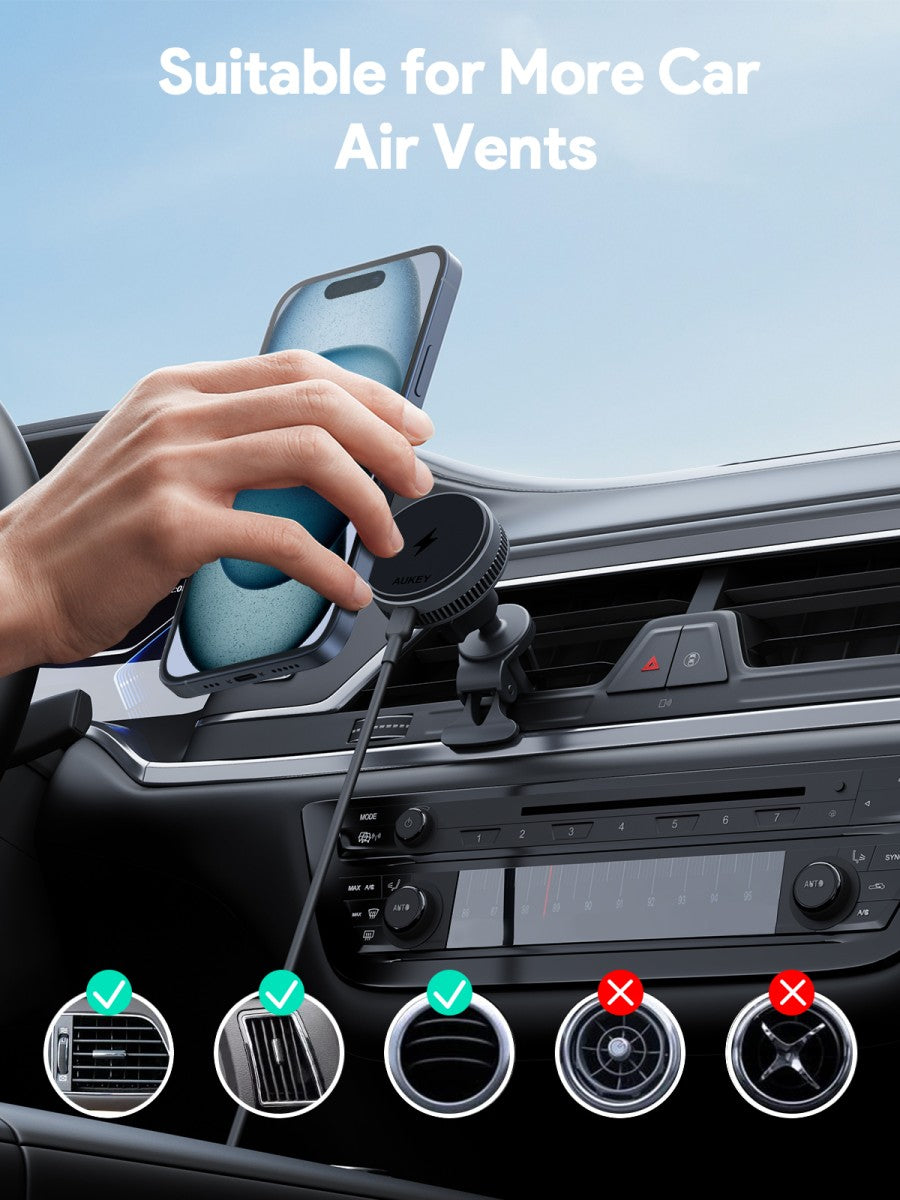 AUKEY Qi2 Magnetic Car Phone Mount Fast Wireless Charging 15W With Active Cooling HD-MC13A