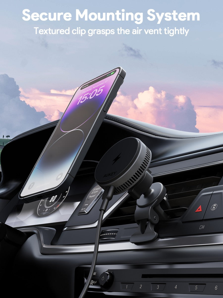 AUKEY Qi2 Magnetic Car Phone Mount Fast Wireless Charging 15W With Active Cooling HD-MC13A