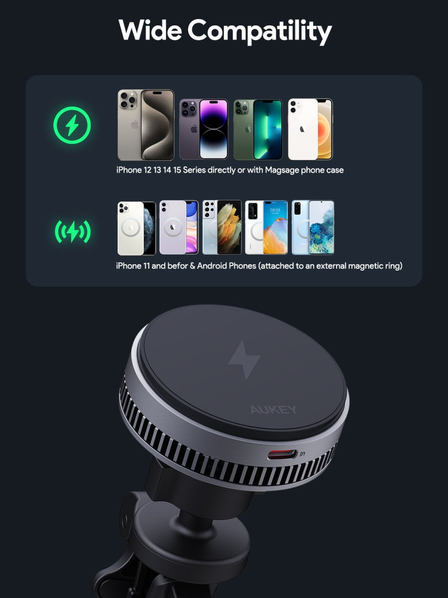 AUKEY Qi2 Magnetic Car Phone Mount Fast Wireless Charging 15W With Active Cooling HD-MC13A