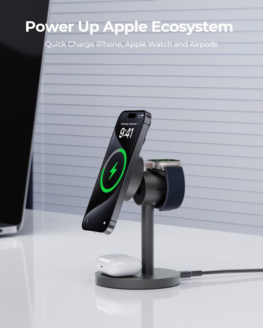 AUKEY Magnetic Wireless Charger 15W 3 In 1 MFI With Port Type C LC-MC311-GY
