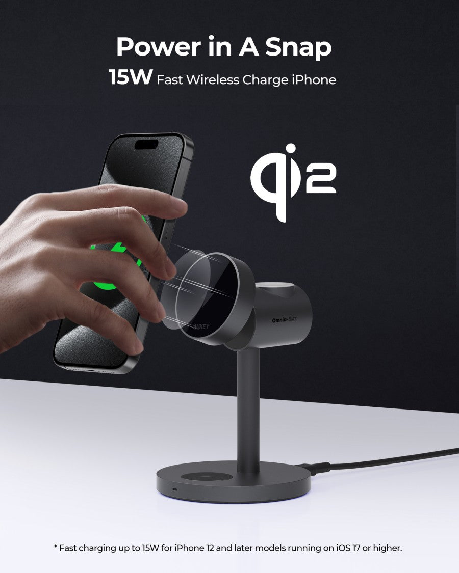 AUKEY Magnetic Wireless Charger 15W 3 In 1 MFI With Port Type C LC-MC311-GY