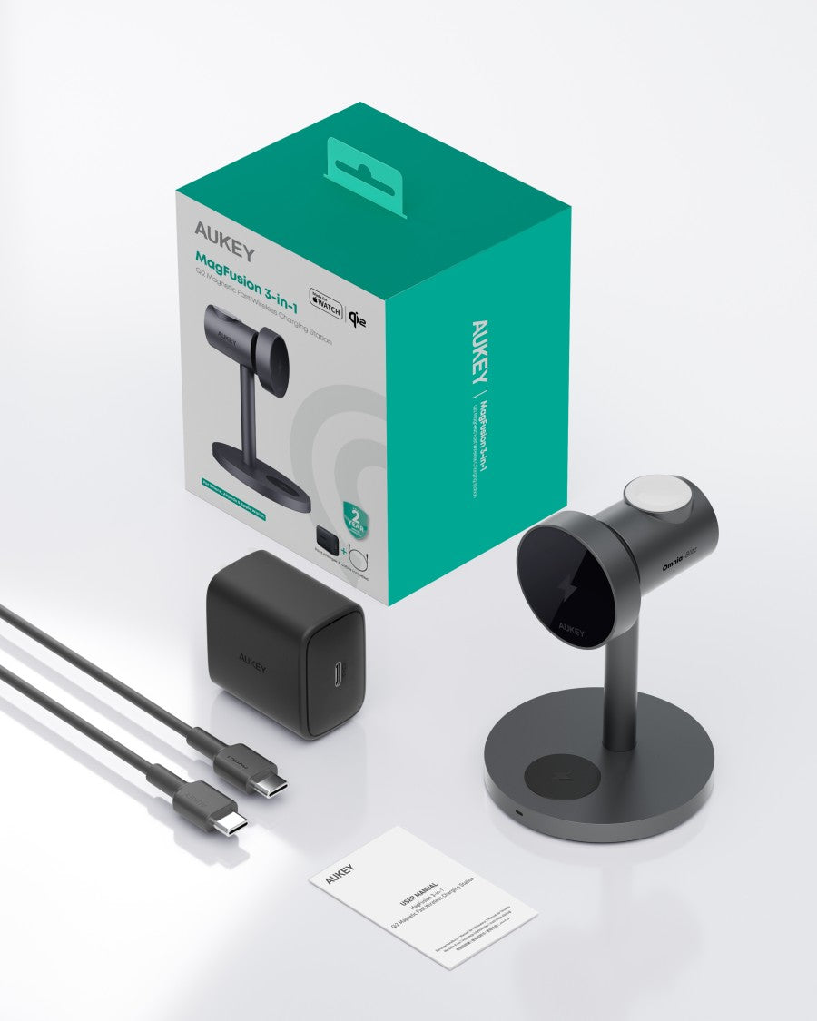 AUKEY Magnetic Wireless Charger 15W 3 In 1 MFI With Port Type C LC-MC311-GY