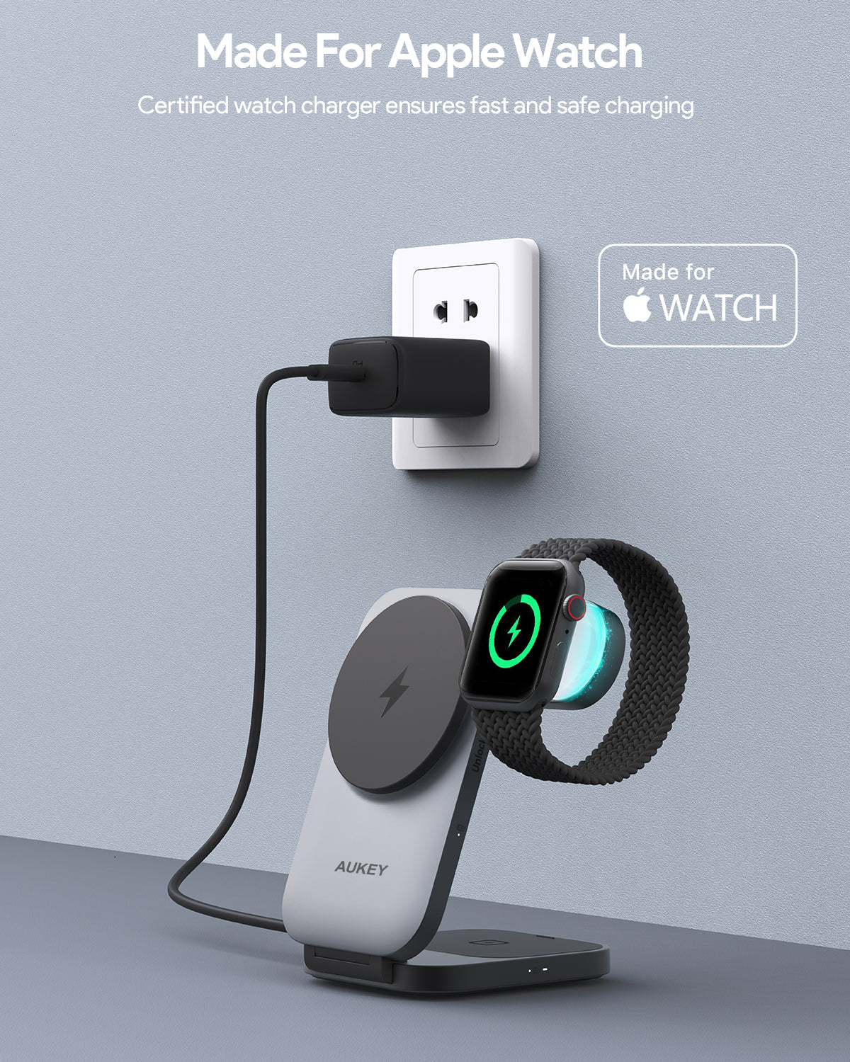 Pengisi Daya Nirkabel Magnetik AUKEY 15W 3 In 1 MFI Dengan Port Tipe C LC-MC312