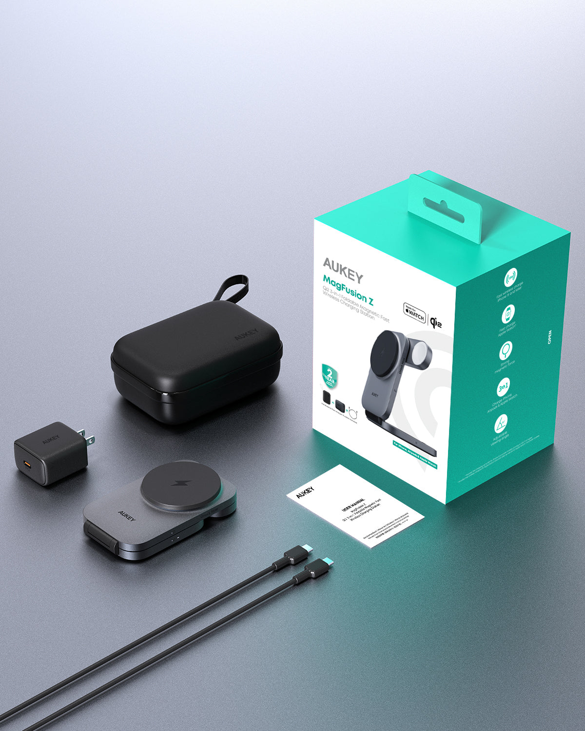 Pengisi Daya Nirkabel Magnetik AUKEY 15W 3 In 1 MFI Dengan Port Tipe C LC-MC312