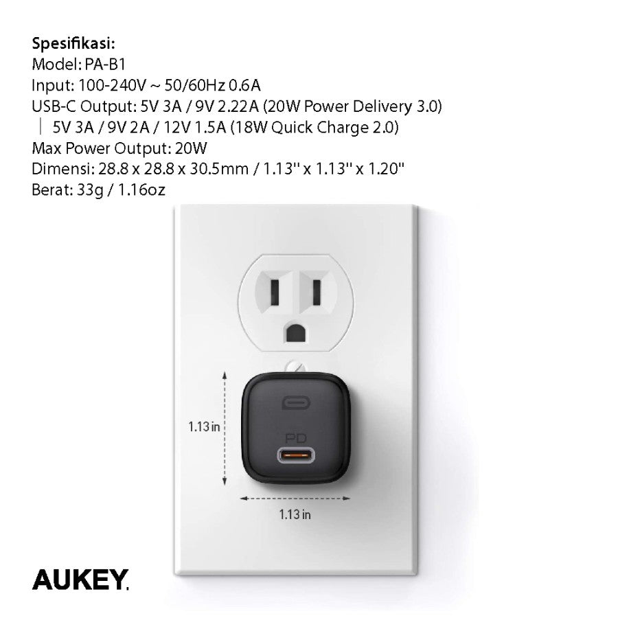 Aukey Charger Type C 20W GAN PD 3.0 Fast Charging Black & White PA-B1T