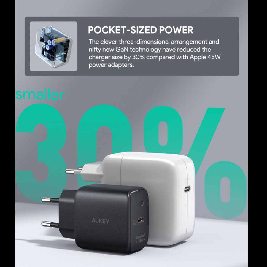 Pengisi Daya AUKEY Tipe C 45W PA-B2T-BK GAN PD 3.0 PPS Pengisian Cepat