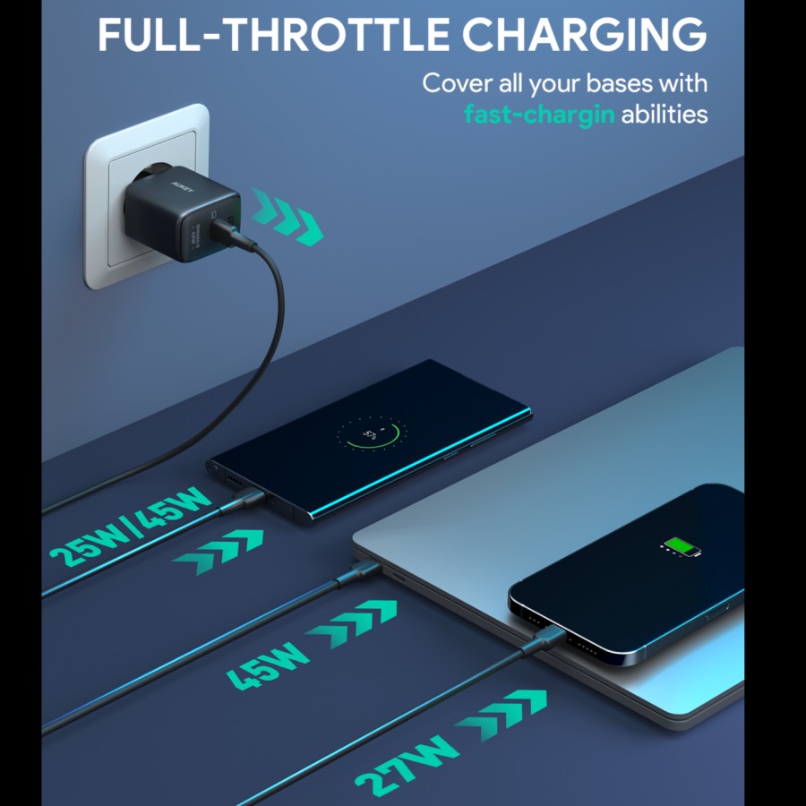Pengisi Daya AUKEY Tipe C 45W PA-B2T-BK GAN PD 3.0 PPS Pengisian Cepat