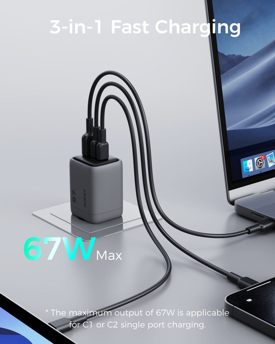 AUKEY Charger Type C 67W GAN III PD 3.0 PPS Super Fast Charging Comet Mix 3 67W Series PA-C3