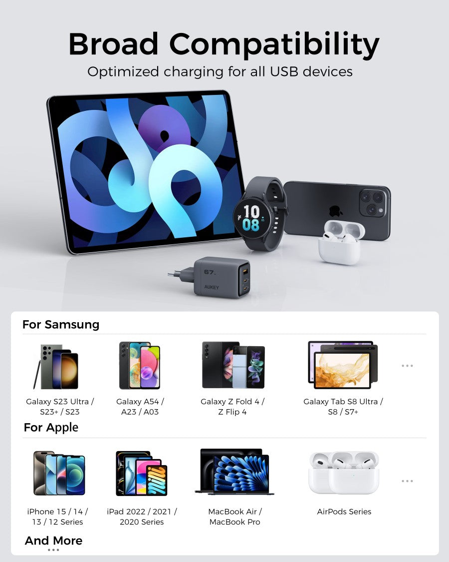 AUKEY Charger Type C 67W GAN III PD 3.0 PPS Super Fast Charging Comet Mix 3 67W Series PA-C3