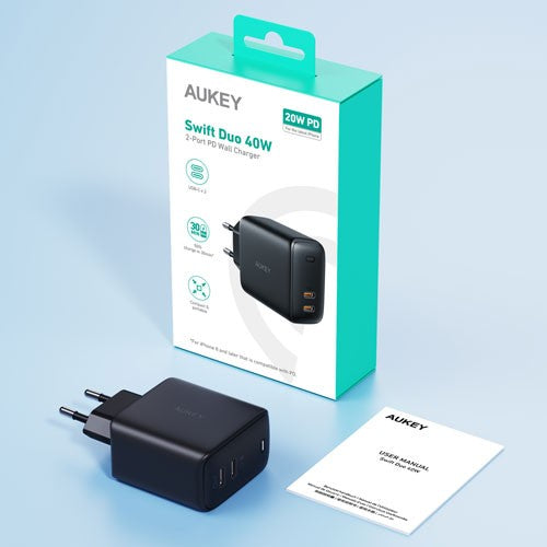 Pengisi Daya AUKEY Port Ganda Tipe C 40W PA-R2S-BK PD 3.0 Pengisian Cepat