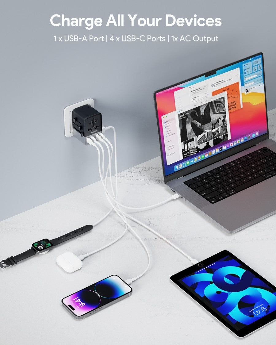 AUKEY Universal Travel Adaptor GAN Type C 65W 5 Multiple Ports UK US EU Mode 1 USB A & 4 USB-C PA-TA08A