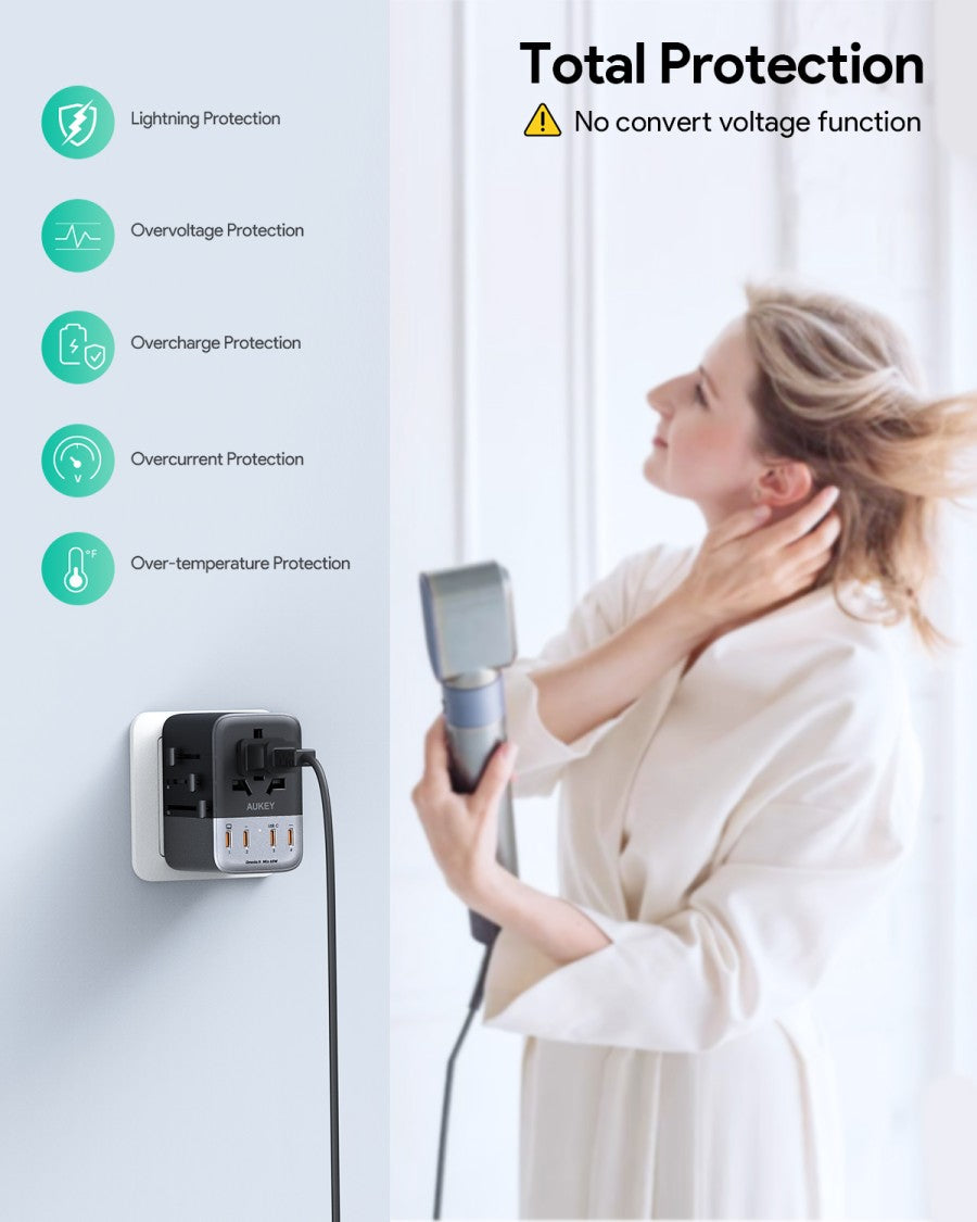 AUKEY Universal Travel Adaptor GAN Type C 65W 5 Multiple Ports UK US EU Mode 1 USB A & 4 USB-C PA-TA08A