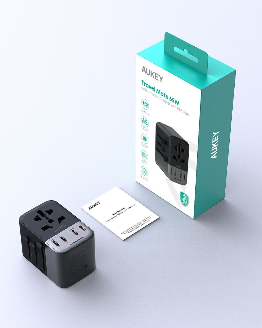 AUKEY Universal Travel Adaptor GAN Type C 65W 5 Multiple Ports UK US EU Mode 1 USB A & 4 USB-C PA-TA08A