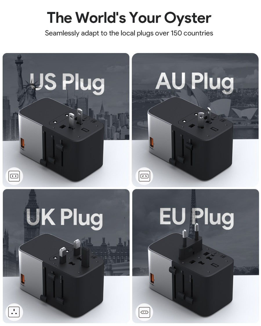 AUKEY Universal Travel Adaptor GAN Type C 100W 4 Multiple Ports UK US EU Mode 1 USB A & 3 USB-C PA-TA09A