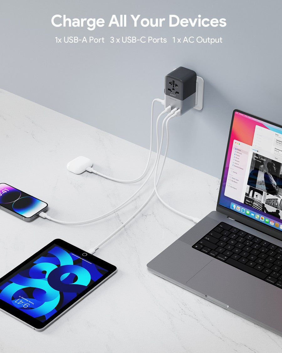 AUKEY Universal Travel Adaptor GAN Type C 100W 4 Multiple Ports UK US EU Mode 1 USB A & 3 USB-C PA-TA09A