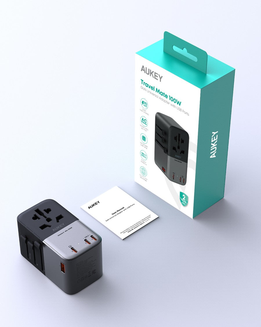 AUKEY Universal Travel Adaptor GAN Type C 100W 4 Multiple Ports UK US EU Mode 1 USB A & 3 USB-C PA-TA09A