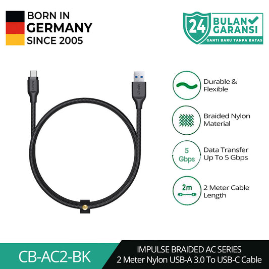 Kabel Charger AUKEY Tipe C CB-AC2 Jalinan Nilon USB A ke USB-C 2M